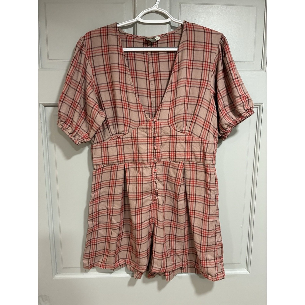 ASOS DESIGN Petite Puff Sleeve Playsuit PinkCheck Plaid Romper Women Size 12